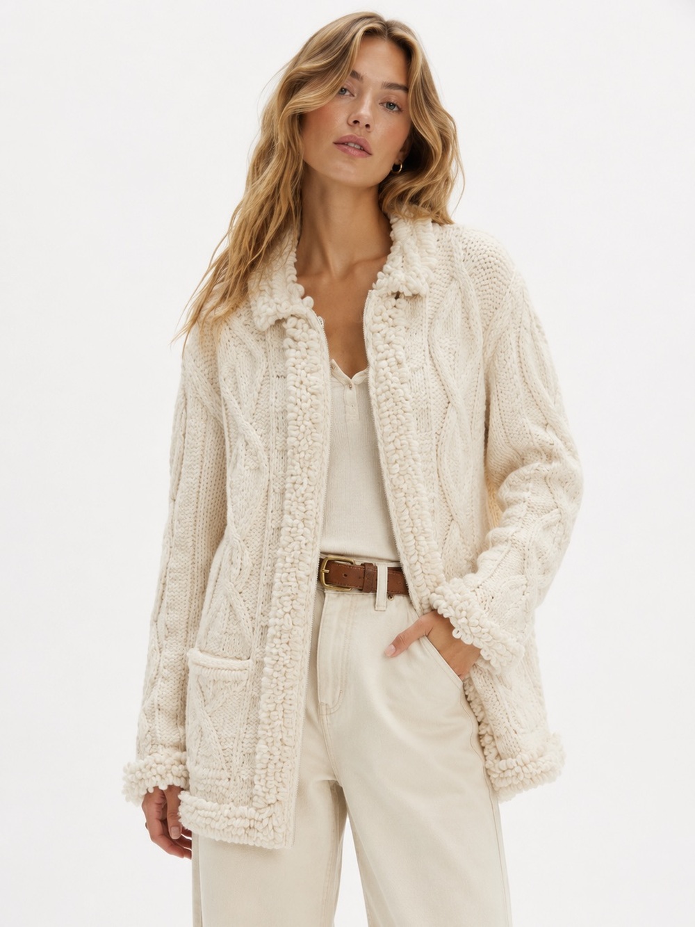 Vintage AMANO Hand Knit Boucle Ecuador Wool Cable Knit Zip Cardigan